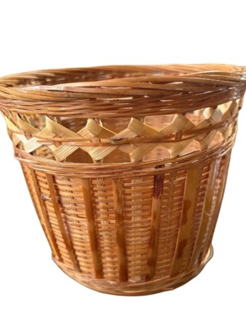 Vintage Mid Century 60 70s Hand Woven Tiger Bamboo Planter Plant Pot Tikki Boho